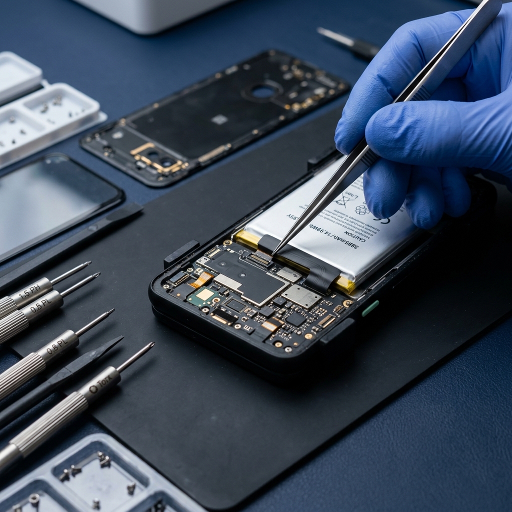 Proses penggantian baterai smartphone oleh teknisi UGD